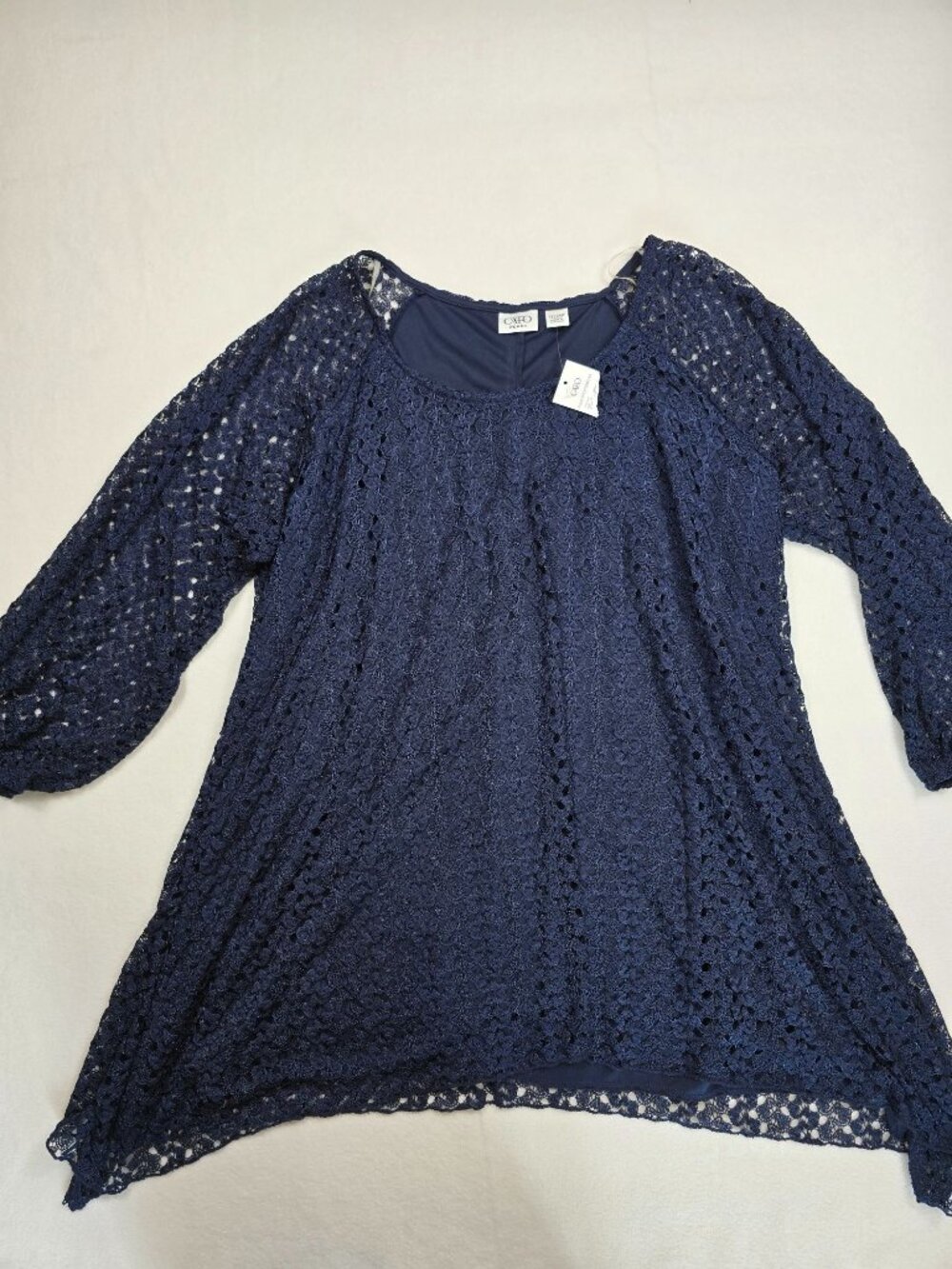 NWT Cato Woman Plus Size 22/24W Navy Lace Overlay Tunic Top 3/4 Sleeves
